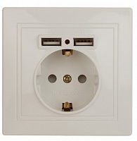 Розетка Intro Plano 1-410-02 с заземлением 2P+E Schuko со шторками, 16А-250В + 2хUSB 5В-2,1А, IP20,